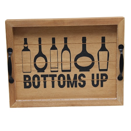 Elegant Designs LED Light Up Wooden Serving Tray with Black Handles and Bottoms Up in Black Script, Natural HG2032-NBU